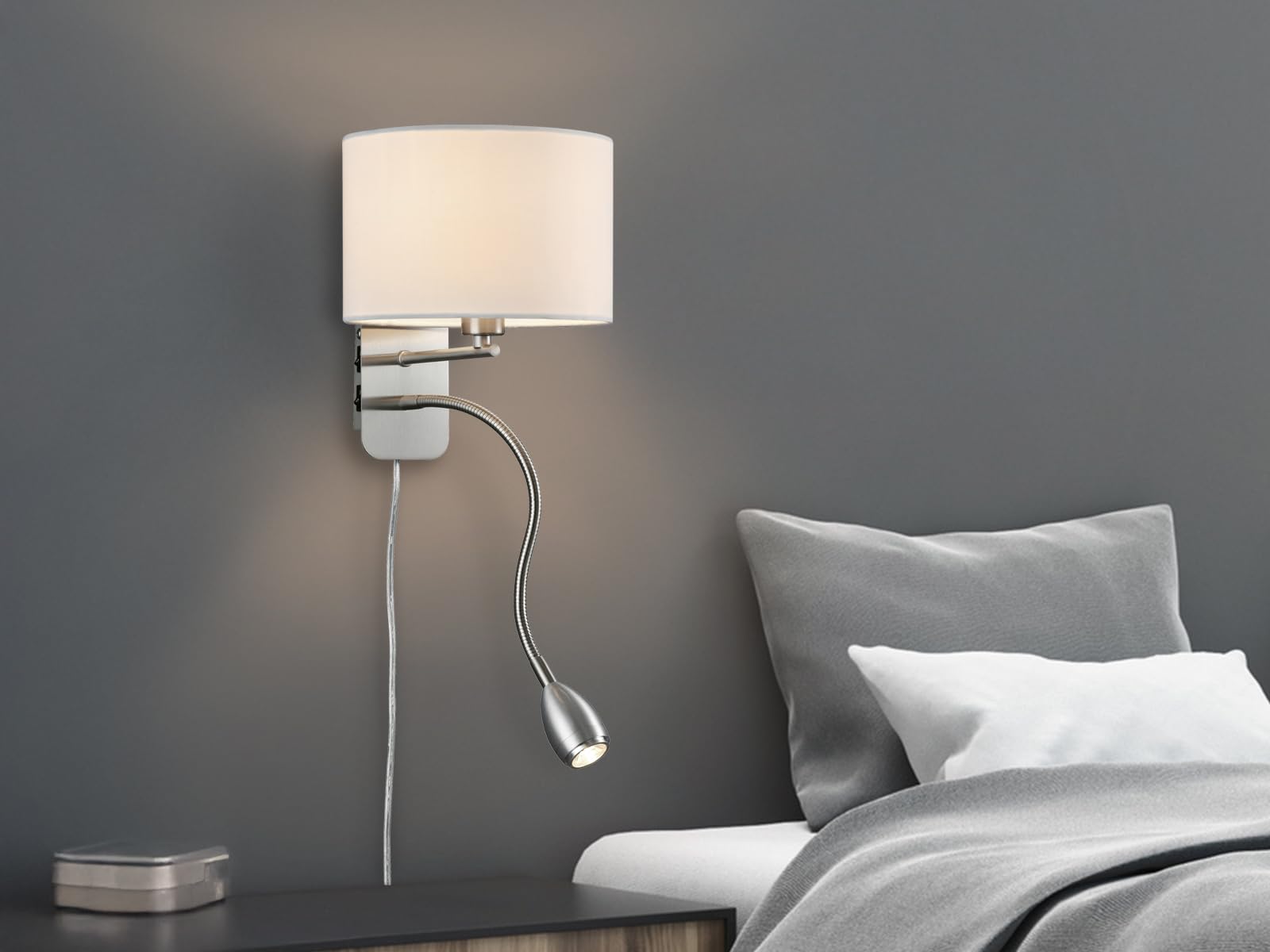 meineWunschleuchte Wandleuchte mit Leselampe, Schalter, Kabel und Stecker, Stoff Lampenschirm Weiß, Korpus Metall Silber, Höhe 23,5cm inkl. stufenweise dimmbarem E14 Leuchtmittel