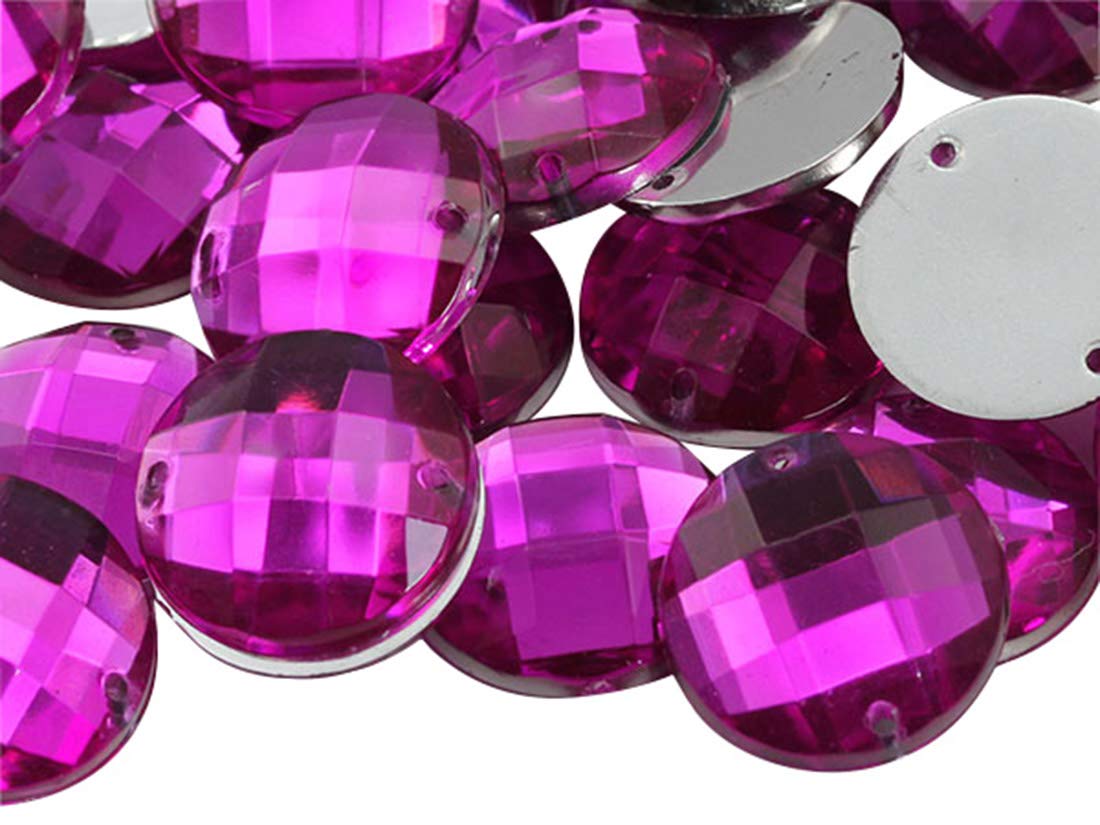 Allstarco 14mm Pink Fuchsia CH21 Flat Back Sew On Round Beads Acrylic Rhinestones Sewing Plastic Gems with Holes for Jewelry Clothes