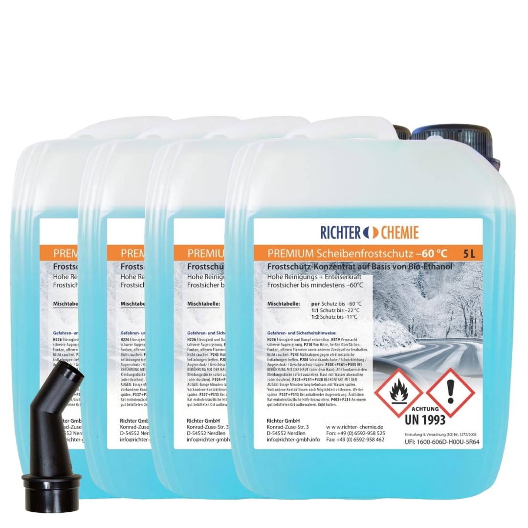 Richter Chemie Premium Scheibenfrostschutz Konzentrat -60°C, 4 x 5 Liter | Konzentrat für Auto Scheibenwaschanlage, Frostschutzmittel Scheibenwaschanlage, schont Gummi, Lack und Kunststoff, verdünnbar