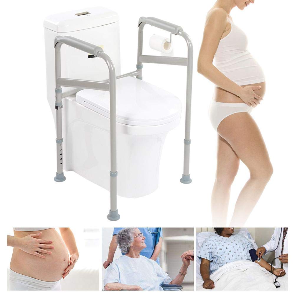 Supporto WC con Braccioli Regolabili, Telaio Autonomo Antiscivolo per Anziani Disabili e Donne Incinte, Corrimano Bagno Pieghevole