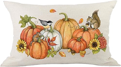 Funda de almohada lumbar de algodón y lino con diseño de calabaza, ardilla, pájaro, girasoles y girasoles, color amarillo y verde, rectangular, 12 x