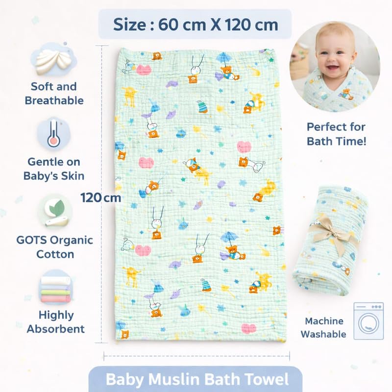 Image of Khillayox Baby Muslin Bath Towel |6 Layer Muslin Bath Towel | Soft, Breathable & Highly Absorbent | Gentle and Soft | 60x120 cm Pack of 1 Sky