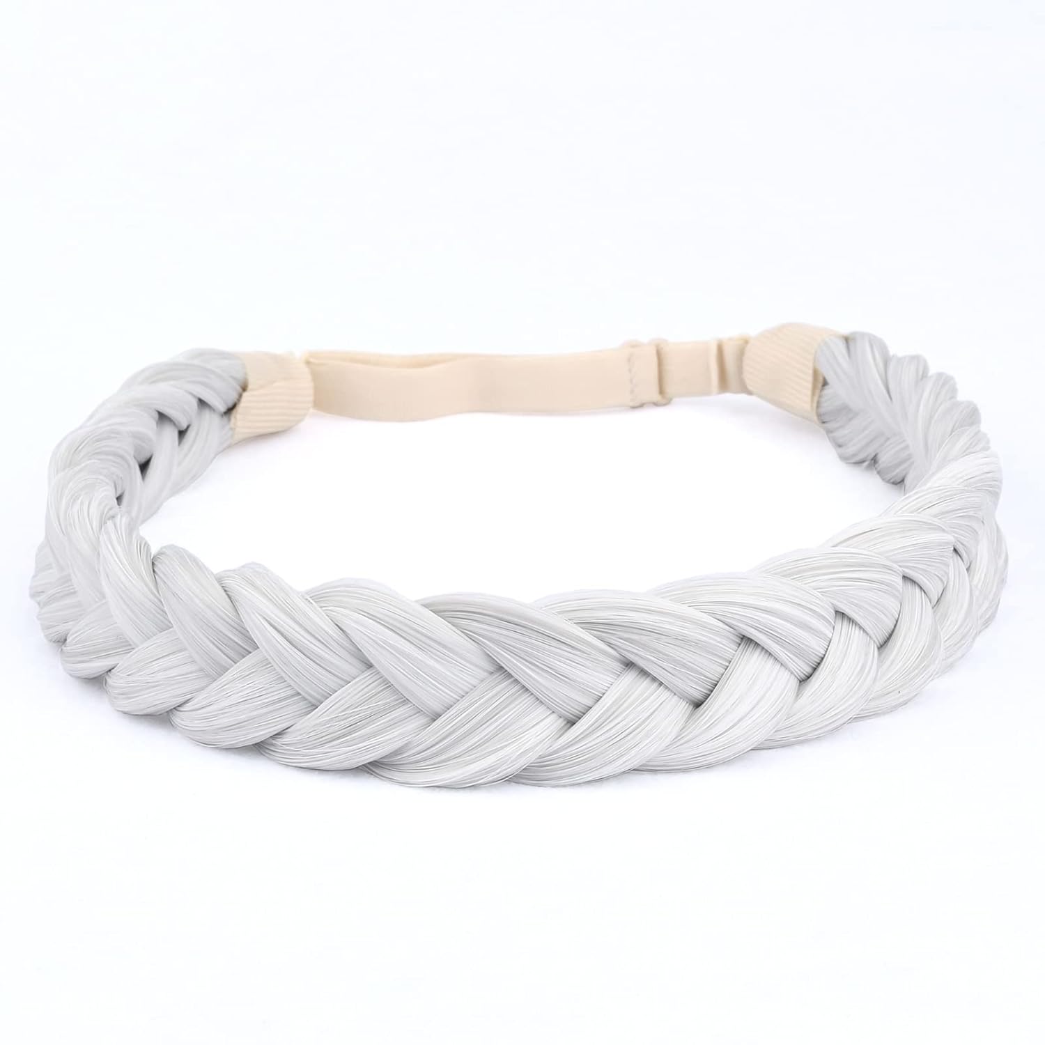 DIGUAN 2 Strands Synthetic Hair Braided Headband Classic Chunky Plaited Braids Elastic Stretch Hairpiece Women Girl Beauty accessory, 54g (White Gray)