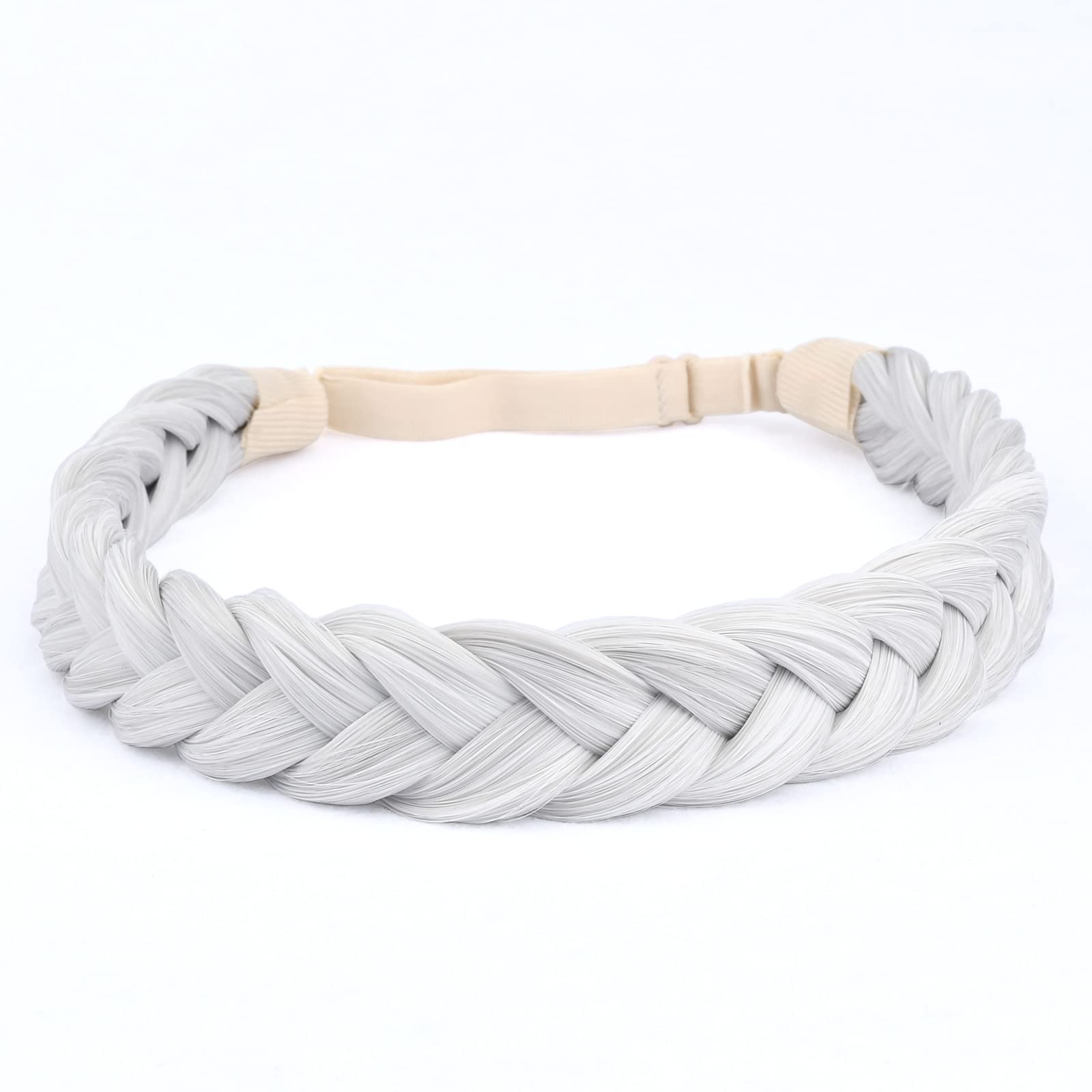 DIGUAN 2 Strands Synthetic Hair Braided Headband Classic Chunky Plaited Braids Elastic Stretch Hairpiece Women Girl Beauty accessory, 54g Boho (White Gray)
