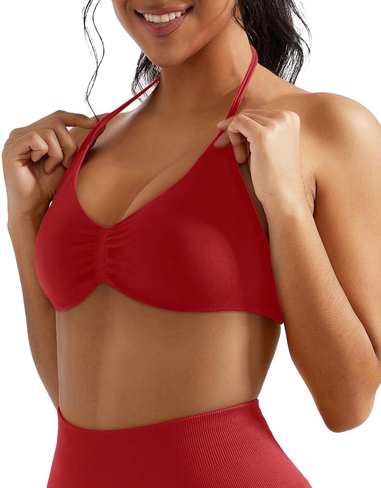 OMKAGI Halter Sports Bras for Women Padded Strappy Bra Open Back Workout Gym Crop - Image 5