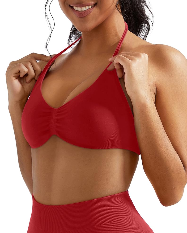 Image of OMKAGI Halter Sports Bras for Women Padded Strappy Bra Open Back Workout Gym Crop