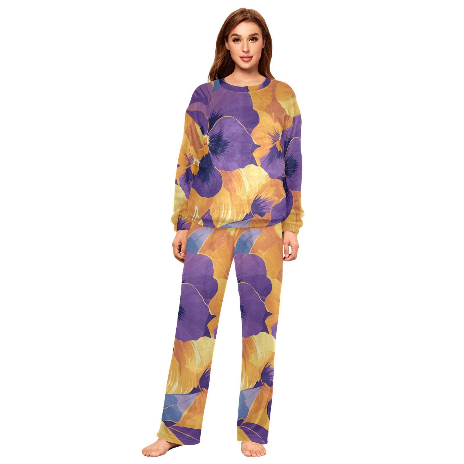 Set pigiama da donna in pile a due pezzi con fiori viola e arancione astratto, a maniche lunghe, con top e pantaloni