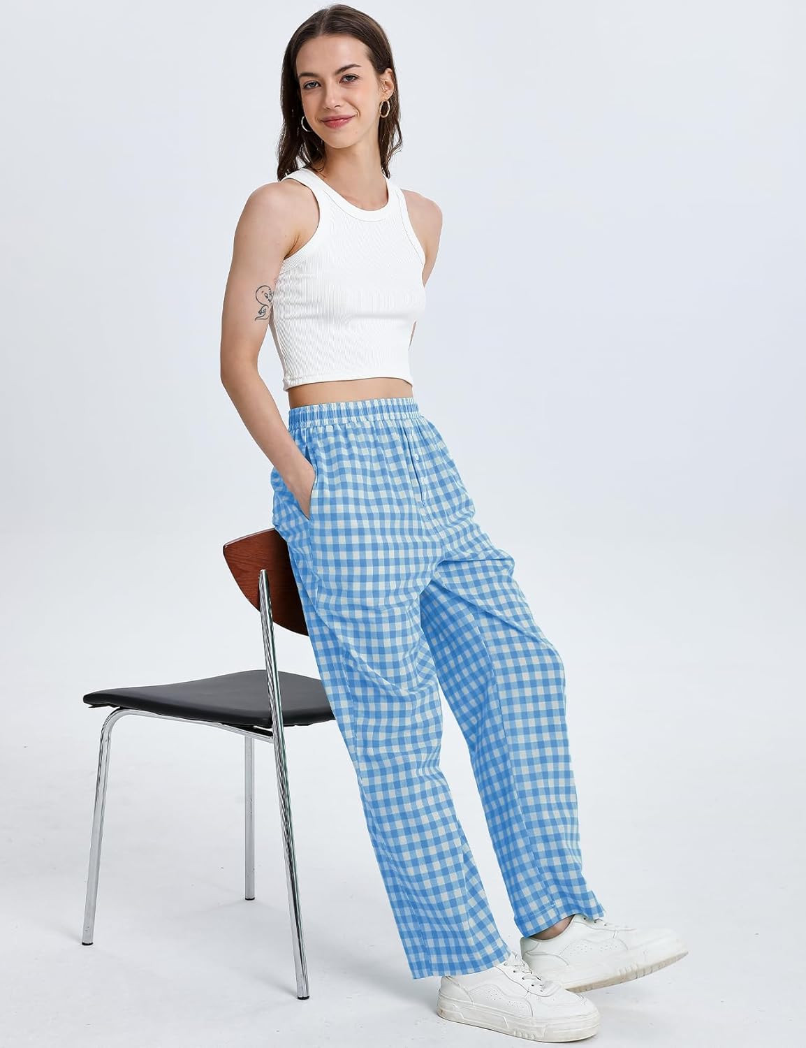 Flygo Womens Pajama Pants Wide Leg Gingham Lounge Pants Plaid Cotton Pajama Bottoms with Pockets - Image 4