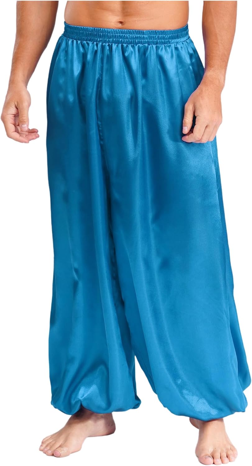 Lejafay Men's Arabian Prince Costume Harem Pants Silky Satin Elastic Waistband Hippie Lantern Pants