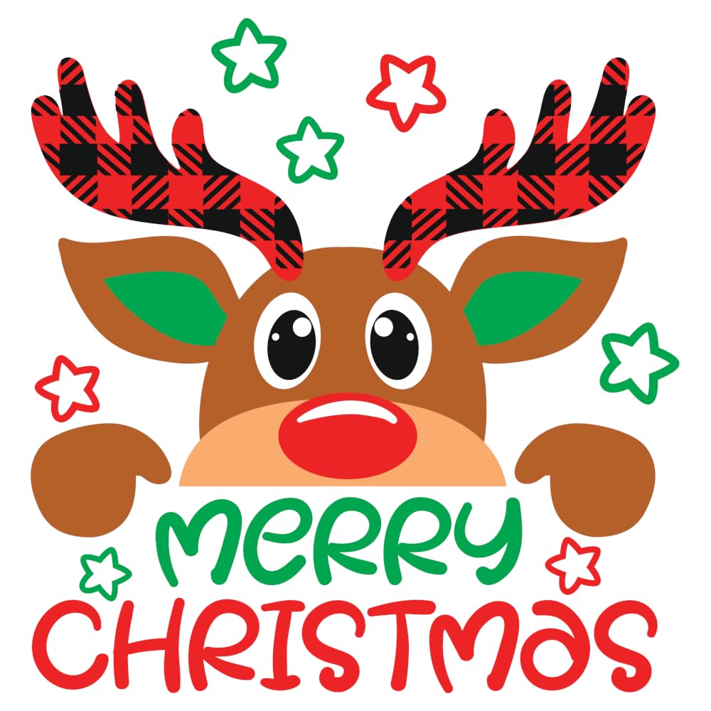 Merry Christmas, Iron-On Xmas Transfer, Reindeer, Childs Childrens Kids Adults Decoration Gift Present Idea for Clothing T- Shirts, Decal Sticker - (3 x 15cm x 15cm Transfer)
