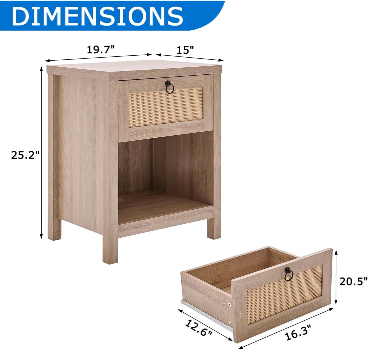 Farmhouse Rattan Nightstand, Boho Bedside Table with Drawer and Open Storage, Cane Side Table for Bedroom & Living Room, Light Oak
