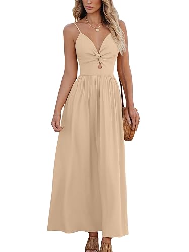 CUPSHE Damen Sommerkleid Boho V Ausschnitt Ärmellos Standkleid Twist Front Freizeitkleider Urlaub Maxi Dress - L - Beige