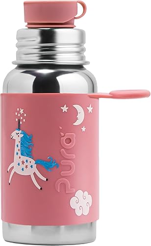 Pura Botella deportiva aislada de 18 onzas  18.6 fl oz con funda deportiva y parte superior deportiva de silicona de boca grande, acero inoxidable,