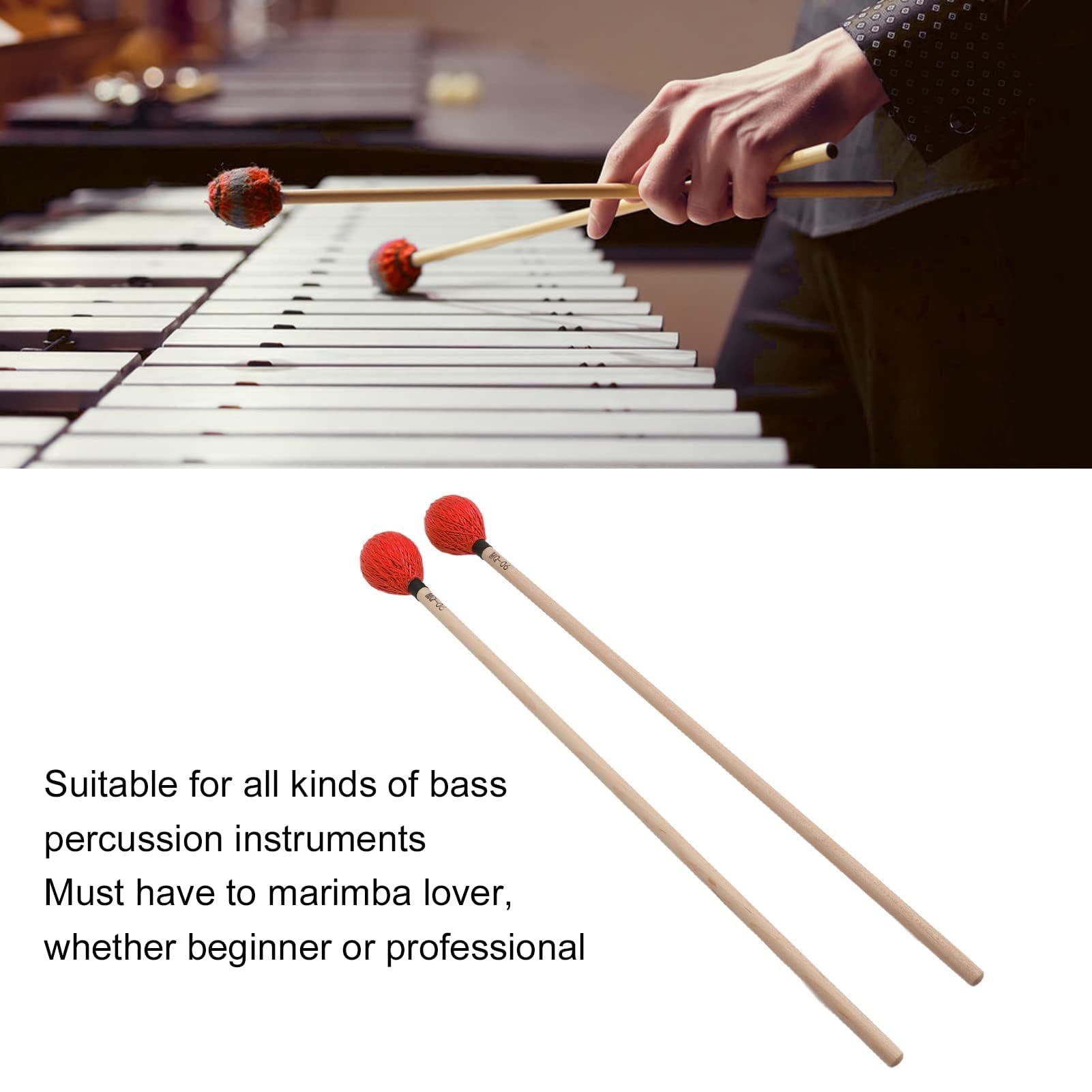 Mazo Medio Duro Mazo de Hilo Duro Liso Juego de 1 Par de Mazos de Marimba Profesionales para Instrumentos de Percusión Cabeza de Arce Resistente al Desgaste (Rojo)
