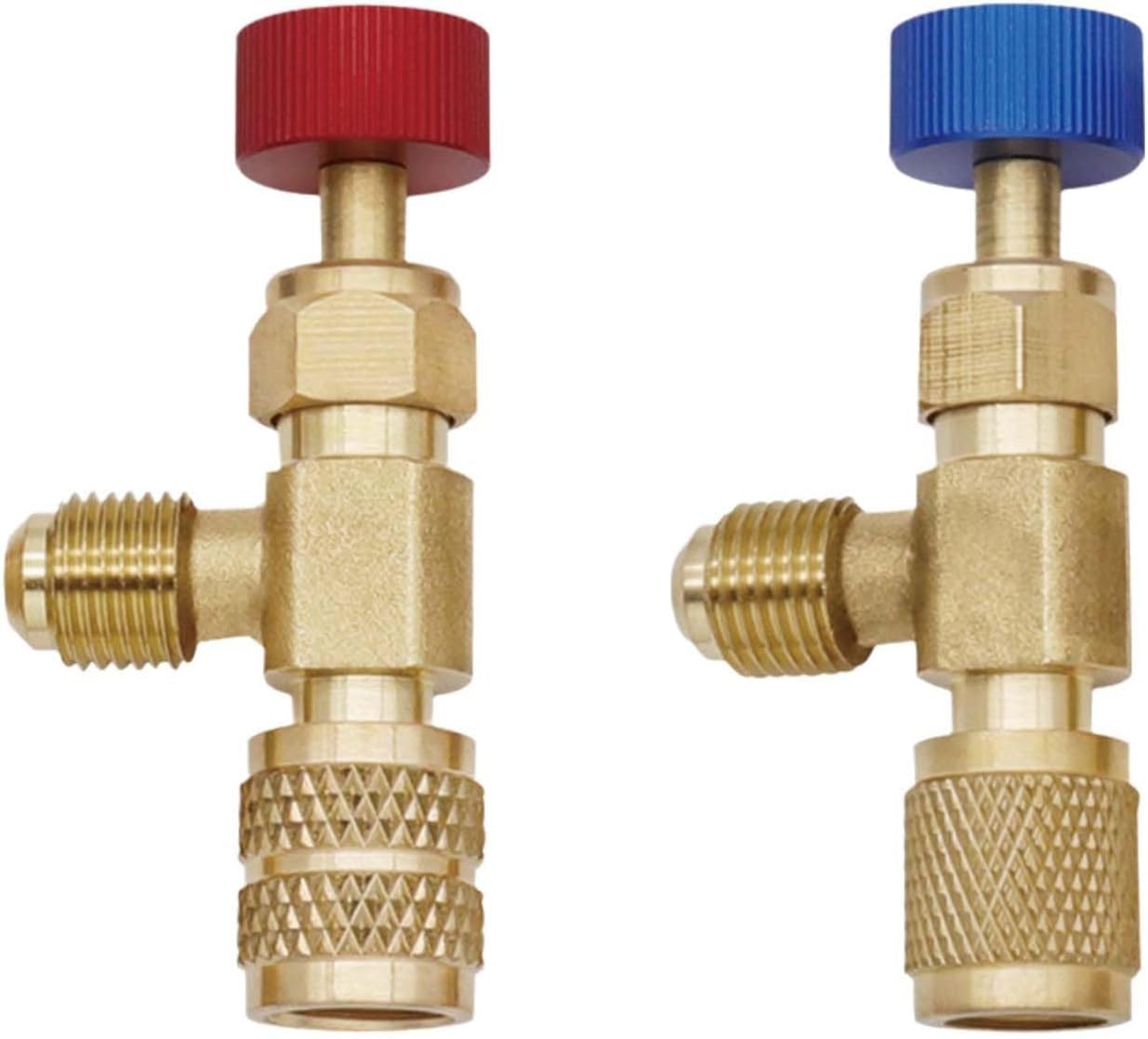 WRAJPQM 2-Piece Brass Manifold Gauge Valve Core Removal Set for R410a and R22 Refrigerant, 1/4" SAE Air Conditioning Service Tool with Shut Off Valve