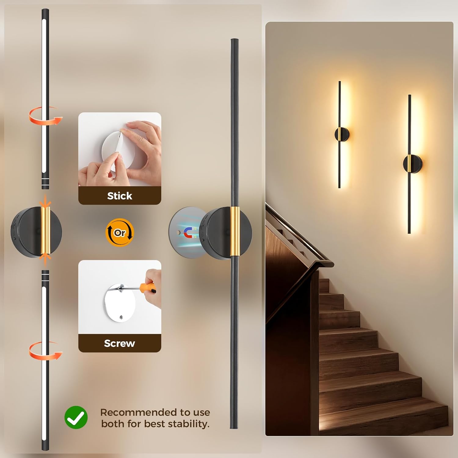 Wireless Wall Sconce Battery Operated Set of 2 - Wireless Peel and Stick Wall sconces Wall Lamps for Living Room No Drill Lights for Living Room, Bedroom,Staircase & Entryway