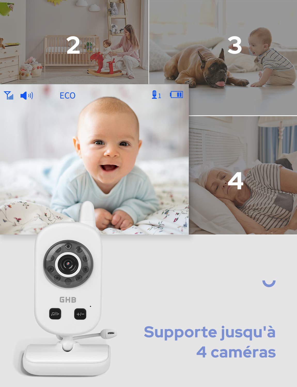 GHB Babyphone Caméra Bébé Moniteur 2,4 inches LCD Babyphone Vidéo Bébé Surveillance 2,4 GHz Capteur de Température Communication Bidirectionnelle Vision Nocturne