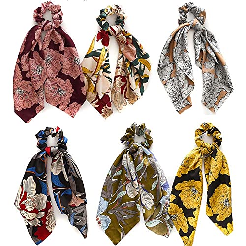 6/8 Stück gepunktete Haargummis mit floralem Schleifenknoten, elastische Haargummis, Chiffonband, Haargummi, Pferdeschwanz-Halter für Frauen und Mädchen (Flora4-6pack-large) Cover