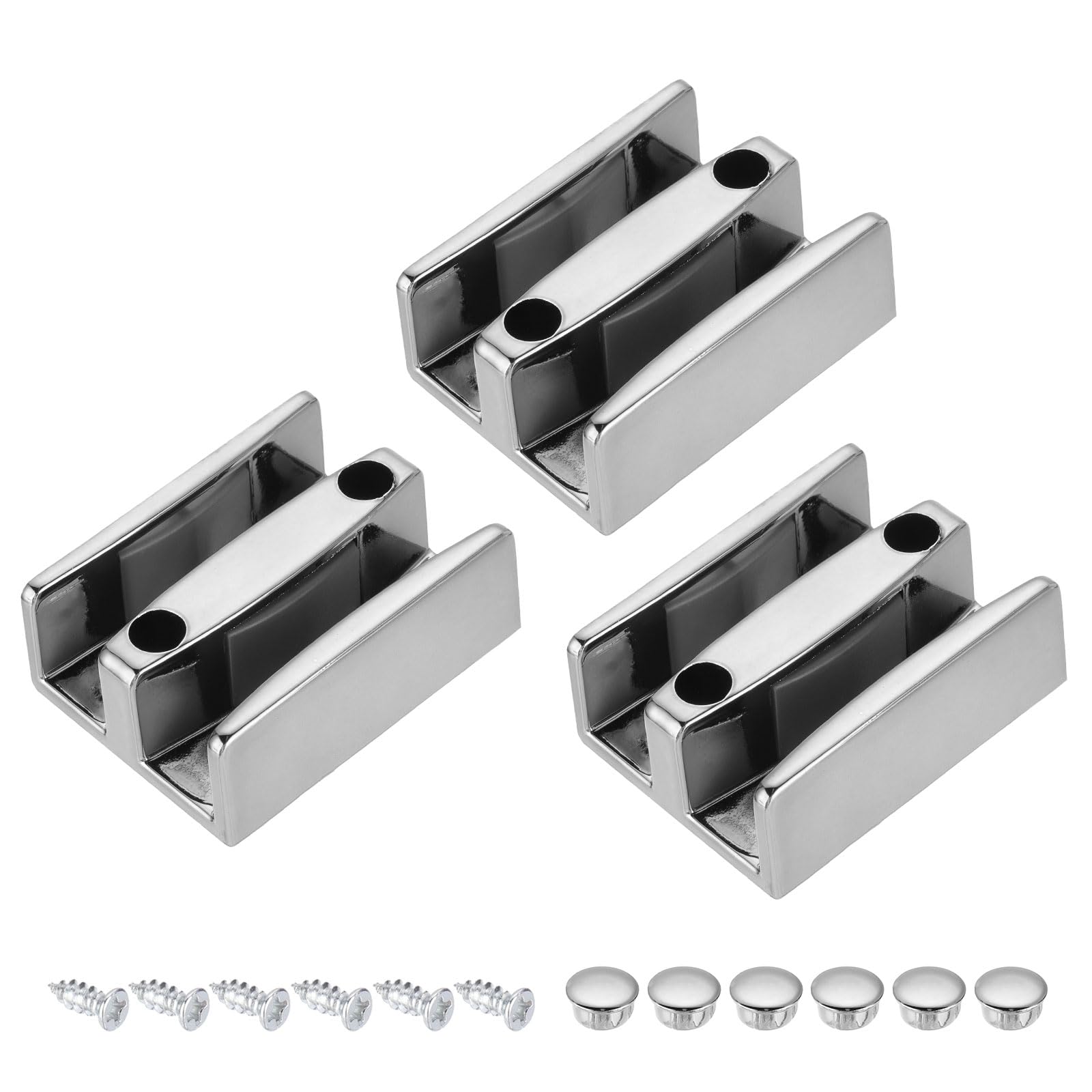 sourcing map Sliding Shower Door Bottom Guide for 1/2 in Frameless Glass Shower Door, 3pcs 47mm Width Shower Door Double Track Limit Sliding Guide with Screw and Hole Lid, Silver