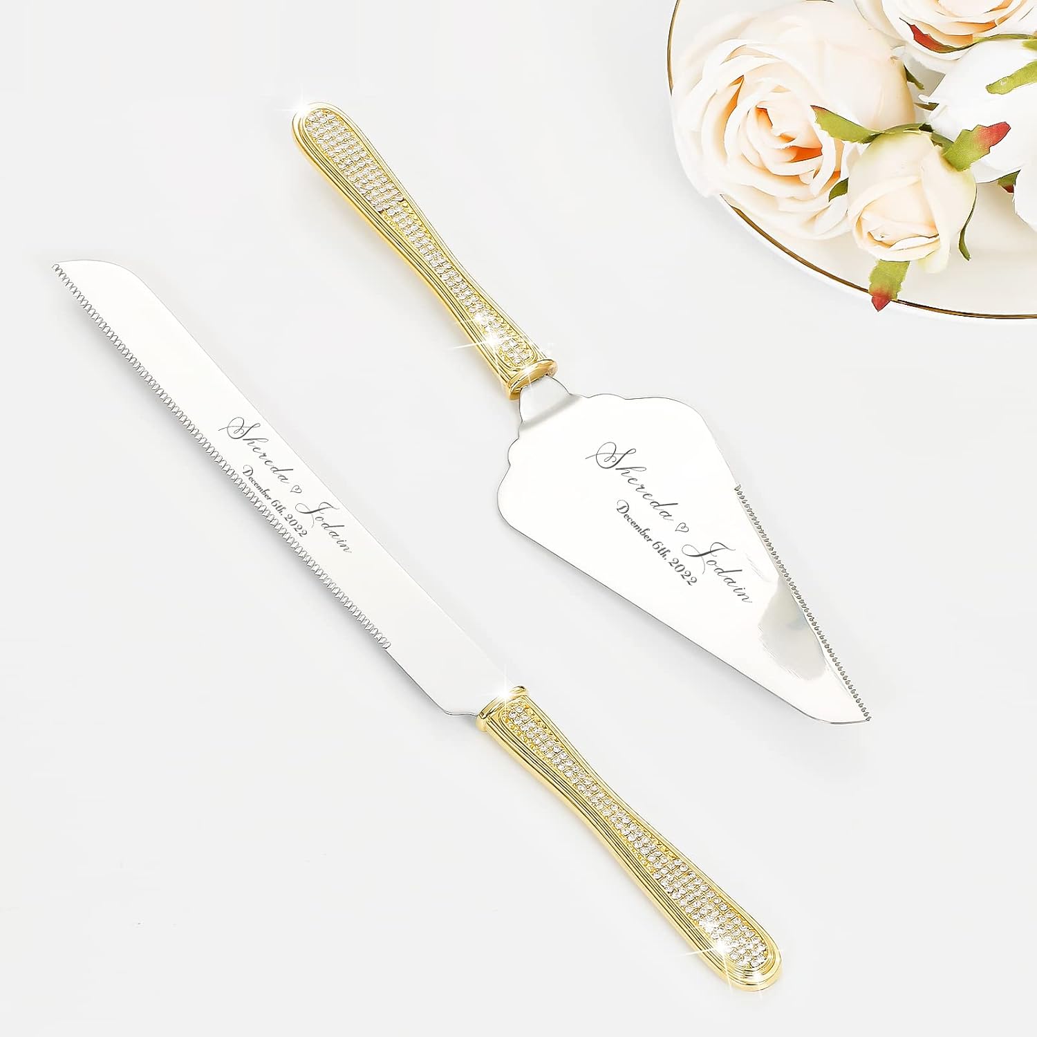 Wedding Cake Knife and Server Set, Personalized Cake Cutting Set, Engraved Elegant Cake Cutters With Sparkling Diamonds, Custom Pie Spatula and Cake Knife, Birthday Bridal Quinceañera Gift (Silver 1)