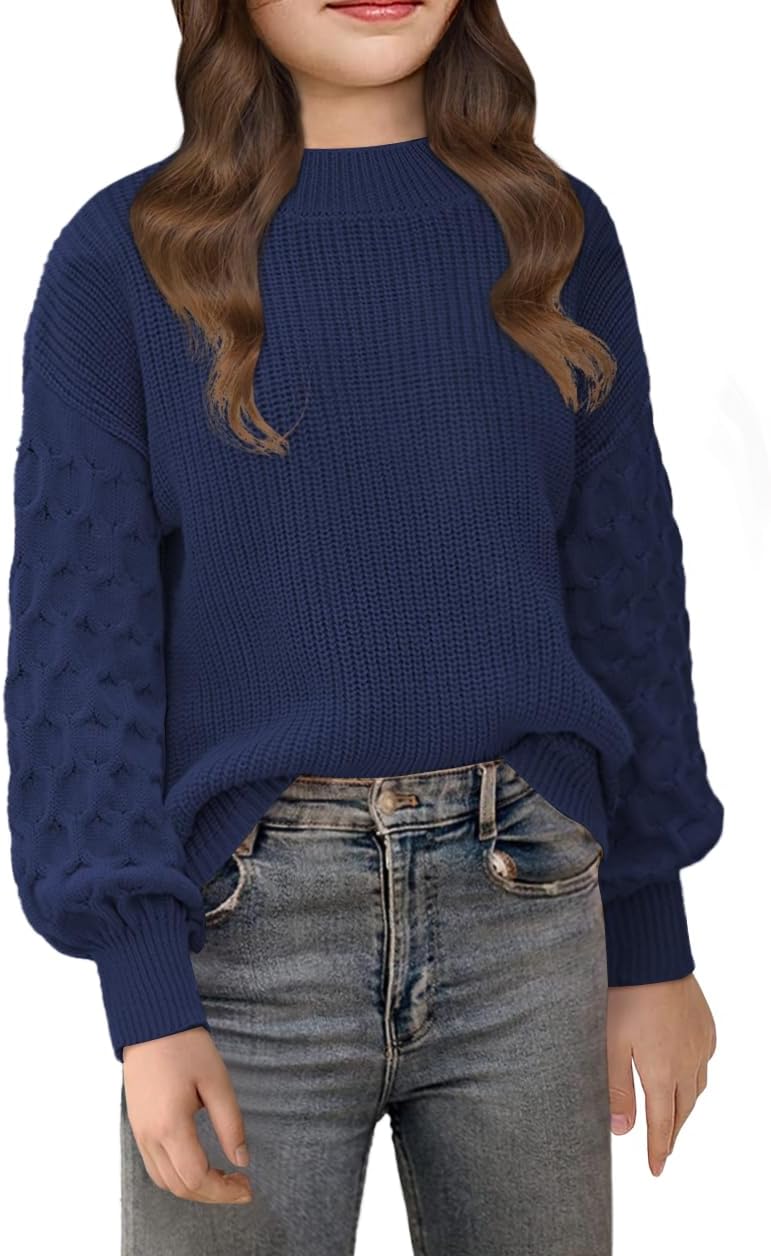 Girls Crewneck Sweaters Casual Long Sleeve Drop Shoulder Pullover Sweaters Fall Oversized Cable Knit Tops