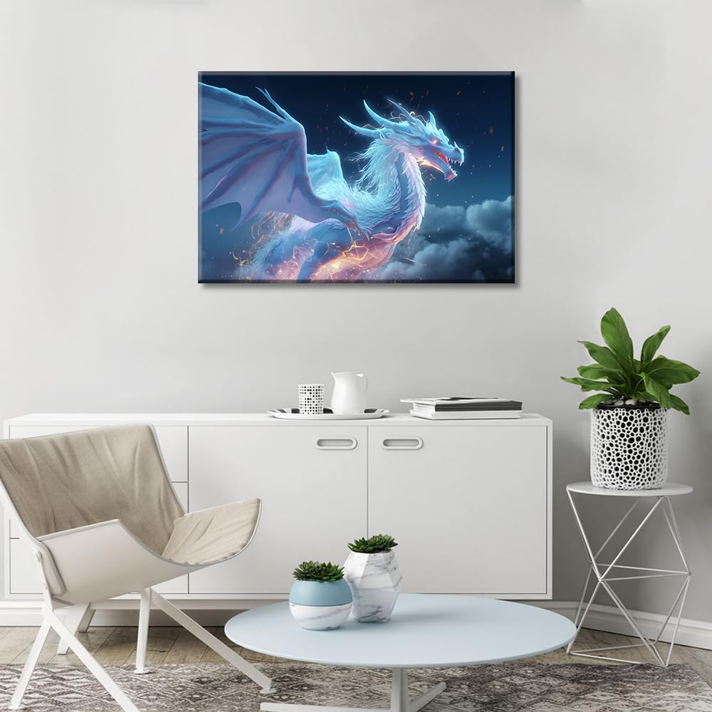 1 Pieces White Dragon Bedroom Wall Decor Dragon Canvas Paintings Posters for Room Aesthetic Mythical Creatures House Decorations Giclee Wooden Framed Gallery-Wrapped Ready to Hang (16"Wx24"H) - Image 3