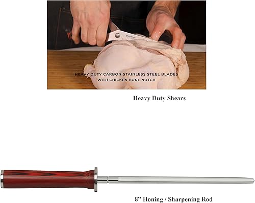 Miniatura 7 de Ergo Chef Crimson Series - Juego de cuchillos de bloque de bambú forjados de alto carbono X50CrMoV15, acero inoxidable alemán, espiga completa, asas