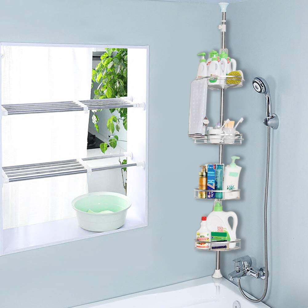 Teleskop Duschregal Edelstahl rostfrei,Regal Badezimmer,Duschregal Teleskop ohne Bohren,Höhenverstellbar,Teleskopregal Bad mit 4 Körben,Shampoo Halterung für Dusche. (Silber (Metalltablett))