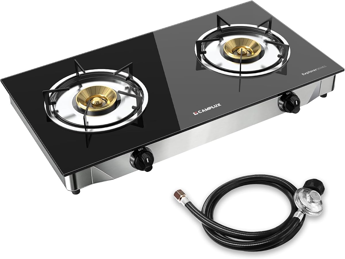 CAMPLUX 2 Burner Propane Stove, LPG Tempered Glass Auto Ignition Double Burner Portable Gas Stove Top, 19,000 BTU Propane Cooktop for Camping, CSA Regulator & Hose Included, estufa de gas portatil