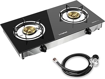 CAMPLUX 2 Burner Propane Stove, LPG Tempered Glass Auto Ignition Double Burner Portable Gas Stove Top, 19,000 BTU Propane Cooktop for Camping, CSA Regulator & Hose Included, estufa de gas portatil