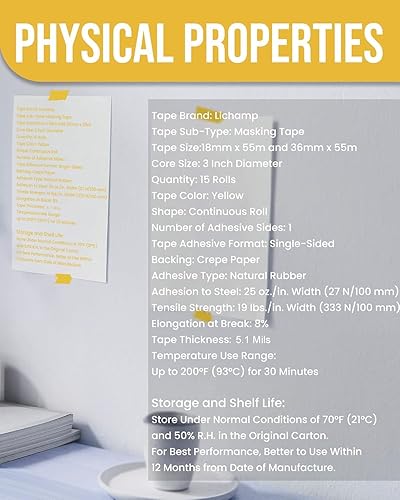 Miniatura 6 de Lichamp Paquete de 10 cintas de enmascarar automotrices amarillas de 0.709 in x 180.4 ft y 5 cintas automotrices de 1.417 in x 180.4 ft amarillas,