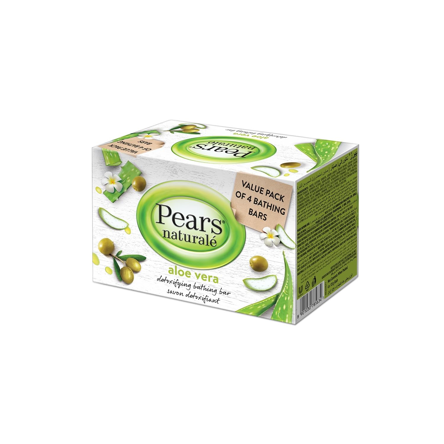 Pears Naturalé Detoxifying Aloe Vera Bar Soap with 100% Natural Aloe Vera & Olive Oil| Paraben-Free Moisturising Soap With Mild Fragrance| Dermatologically Tested & Eco-Friendly (Pack of 4)