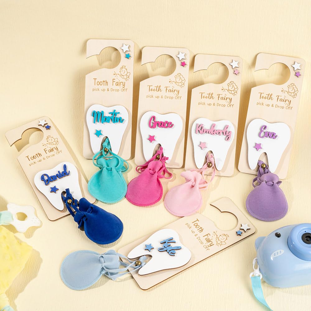 Personalized Tooth Fairy Gifts for Kids Custom Name Tooth Fairy Door Hanger with Velvet Pouch