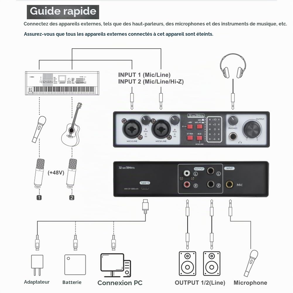 Interface Audio USB 2 Entrées 2 Sorties Kit Studio 32 Bits/384 KHz Enregistrement Carte Son Professionnelle Phantom 48 V