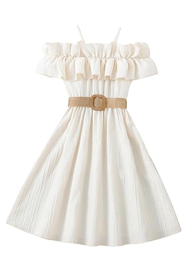 Floerns Girls Cold Shoulder Ruffle Trim Short Sleeve Belted A Line Midi Dress