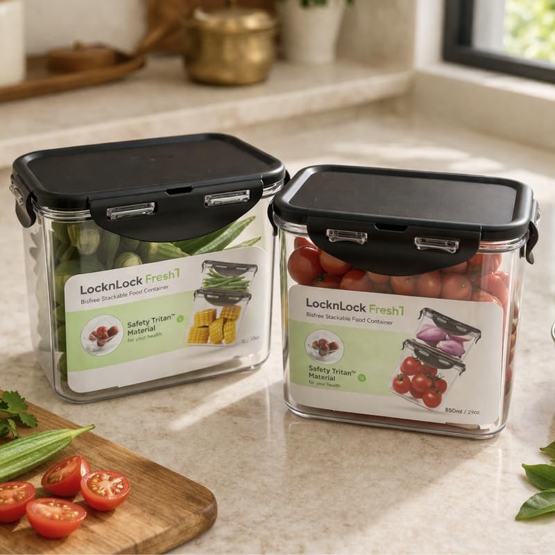 Image of LocknLock Bisfree Modular Storage Container Set of 2 (850ml) | Stackable Airtight Food Containers | Microwave, Freezer & Dishwasher Safe | BPA Free Kitchen Storage Boxes