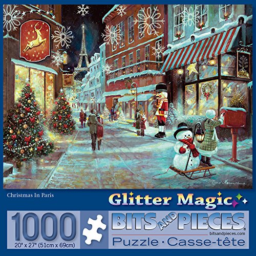 Bits and Pieces – 1000 Piece Jigsaw Puzzle for Adults – Embellished Glitter - Christmas in Paris - Holiday, Eifel Tower Jigsaw Puzzle by Artist Ruane Manning, Completed Puzzle Size: 20