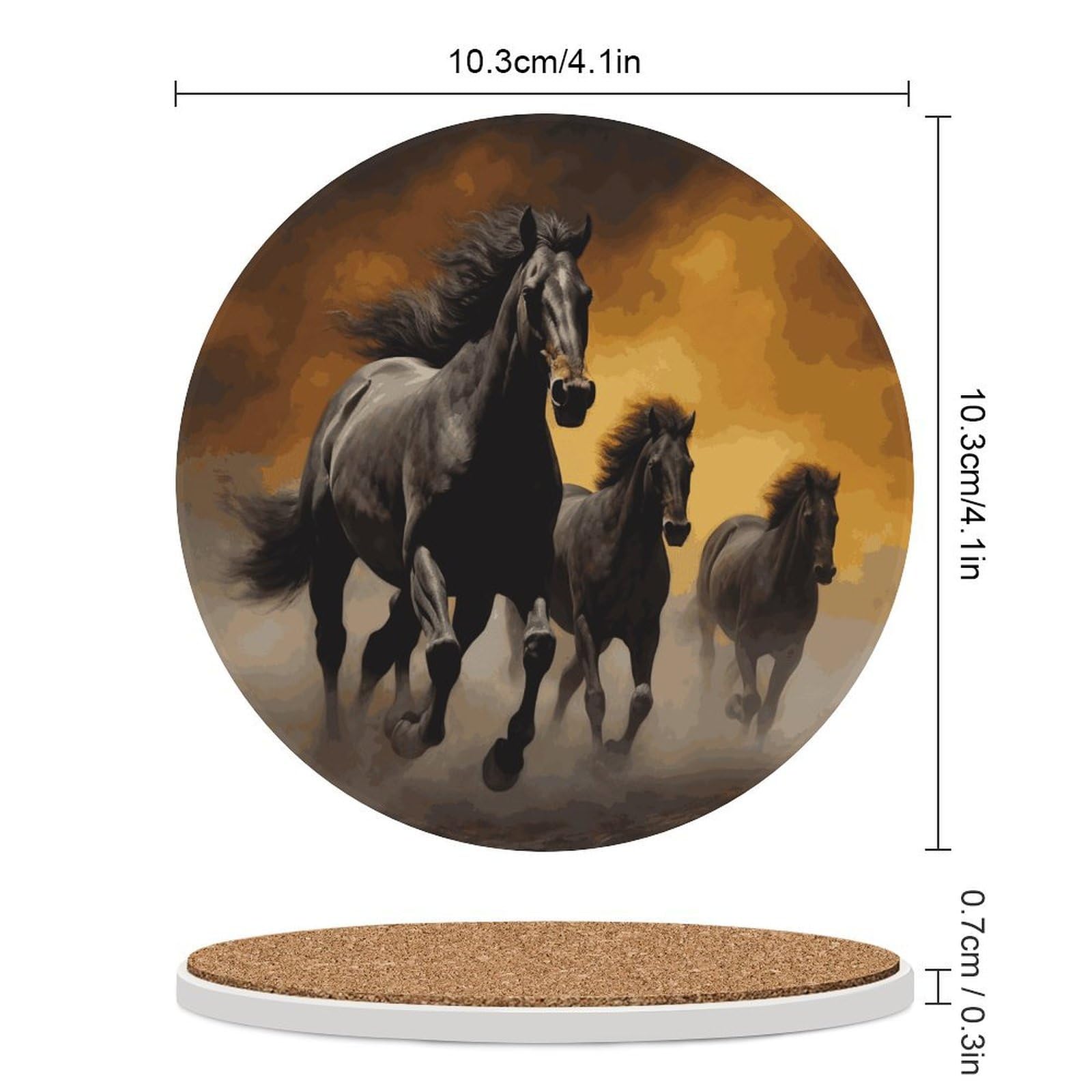 Running Black Horses podstawki pod napoje z uchwytem na stolik kawowy, ceramiczna podstawka z podstawą korkową, ceramiczna podstawka z kamienia do mrożonych zimnych lub gorących napojów, 10 cm