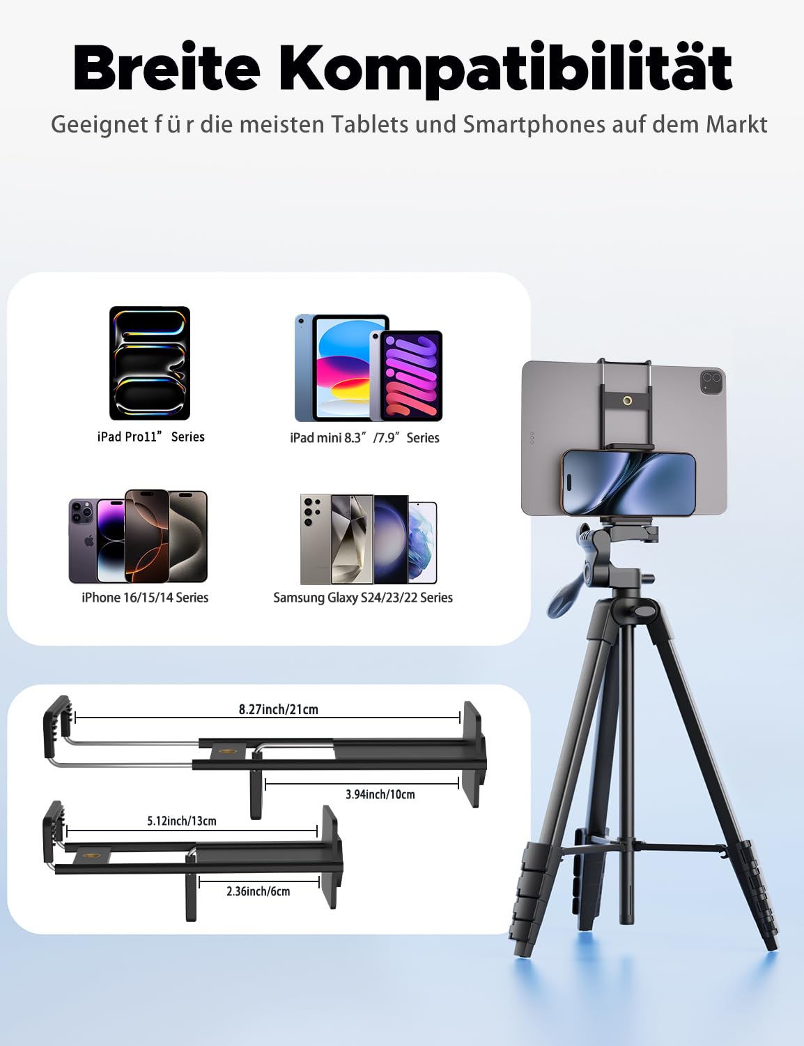 Handy Stativ, Lusweimi 153 cm Stativ für iPad und iPhone mit drahtloser Fernbedienung, Kamera Stativ für Smartphone mit 2 in 1 Stativhalterung für Handy/Tablet 11"/Webcam/Gopro/Kamera, Mit Tragetasche