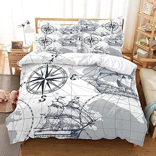 Funda Nordica Cama 150 BrúJula NáUtica, Juego de Ropa de Cama Microfibra Funda Edredon 220x240 cm con Cremallera y 2 Funda de Almohada 50x75 cm