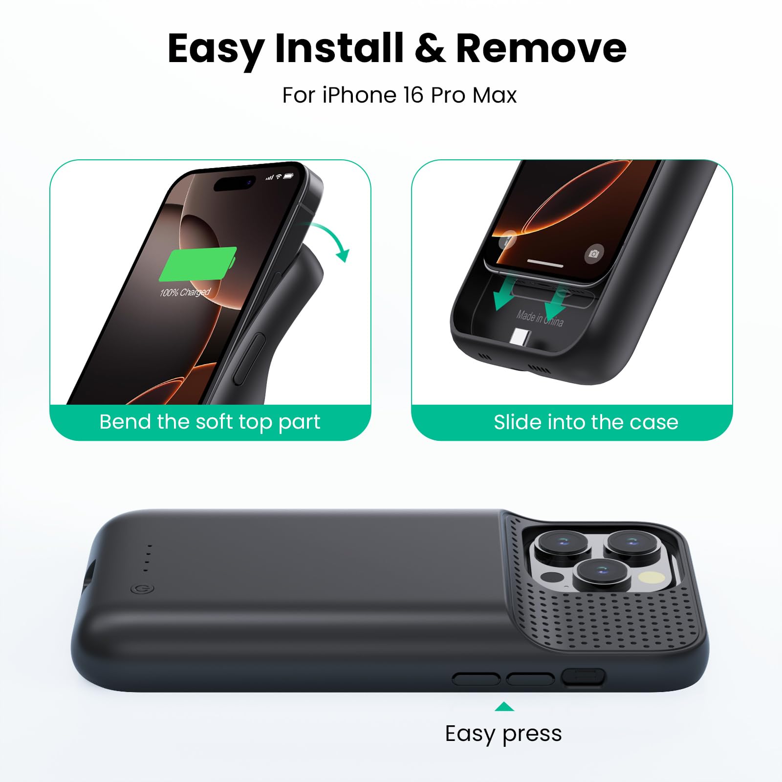 Feob Akkuhülle für iPhone 16 Pro Max, 8600mAh 15W Powerbank Hülle Zusatzakku Akku Case Akku Ladehülle Handyhülle Akku Battery Case Akku Hülle für iPhone 16 Pro Max(6,9") Charger Case (Schwarz)