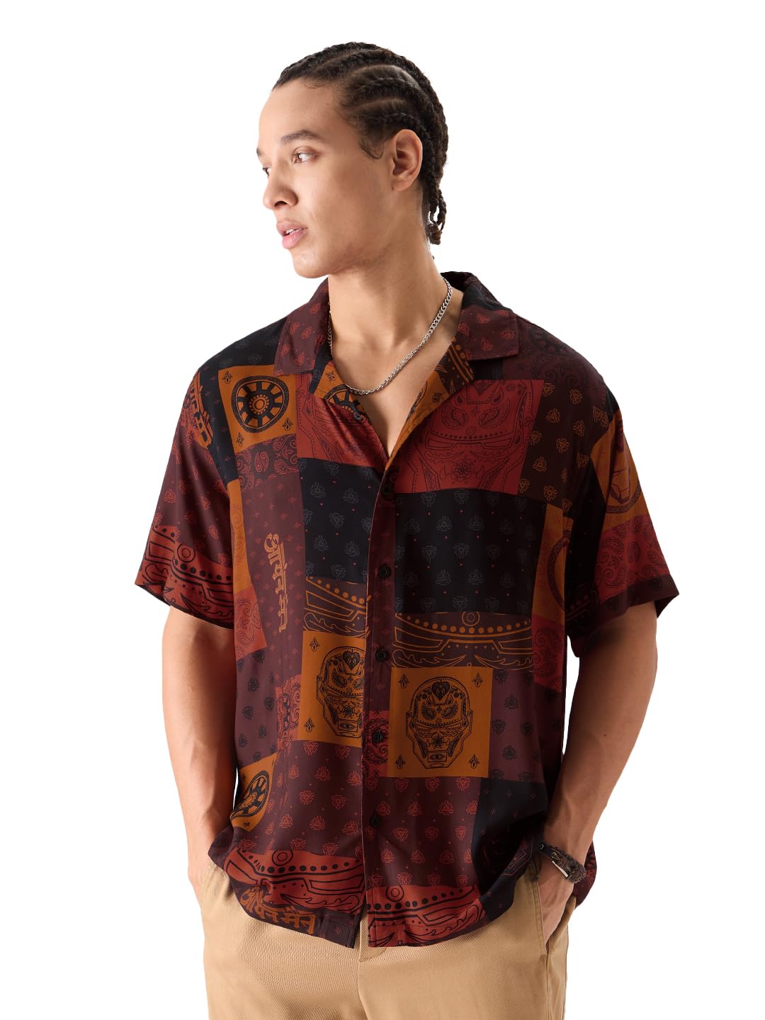 Official Iron Man: Pattern Men and Boys Short Sleeves Collared Neck Button Front Red All Over Printed Regular Fit Rayon Casual Streetwear Trendy Stylish Summer Shirt