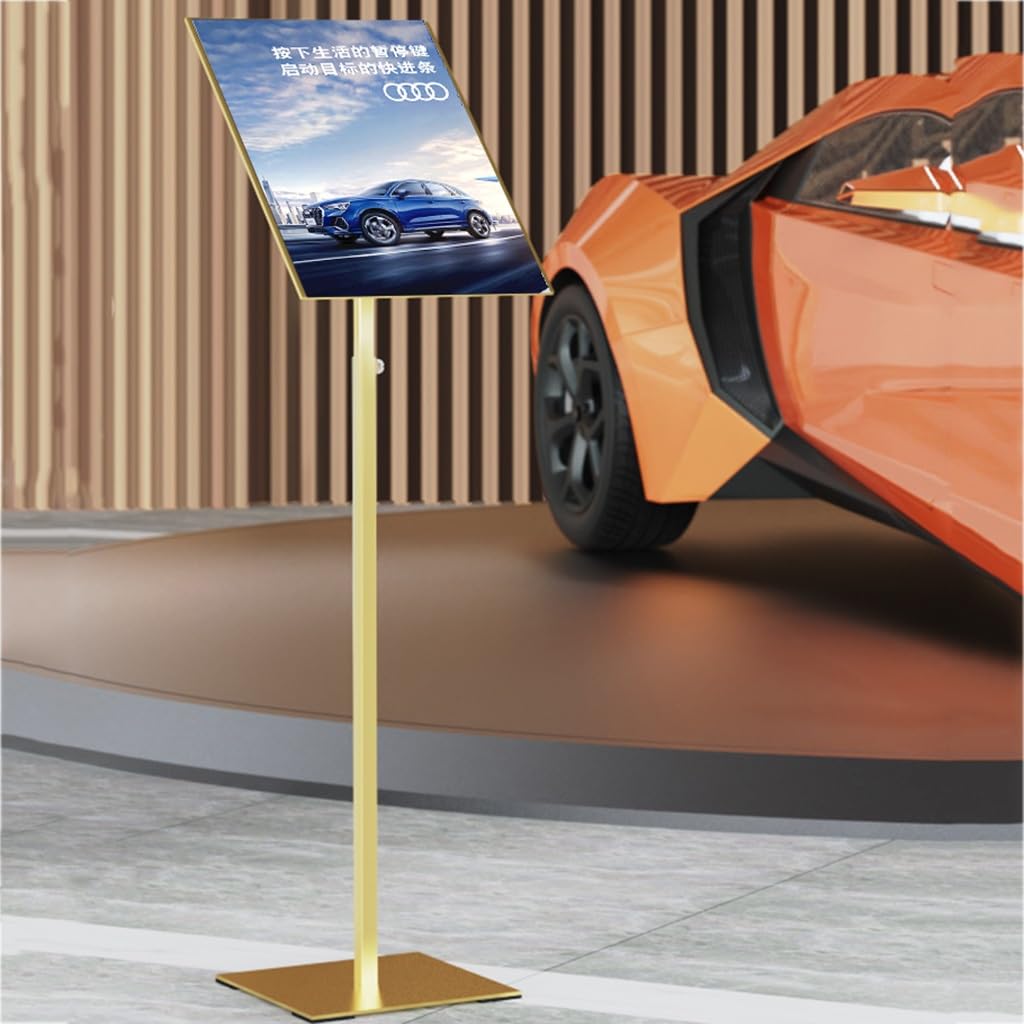 Soporte metálico para Carteles publicitarios, Ideal para anuncios comerciales. Soporte de Suelo Ajustable para Carteles, con Vista Vertical y Horizontal., Gold-A4