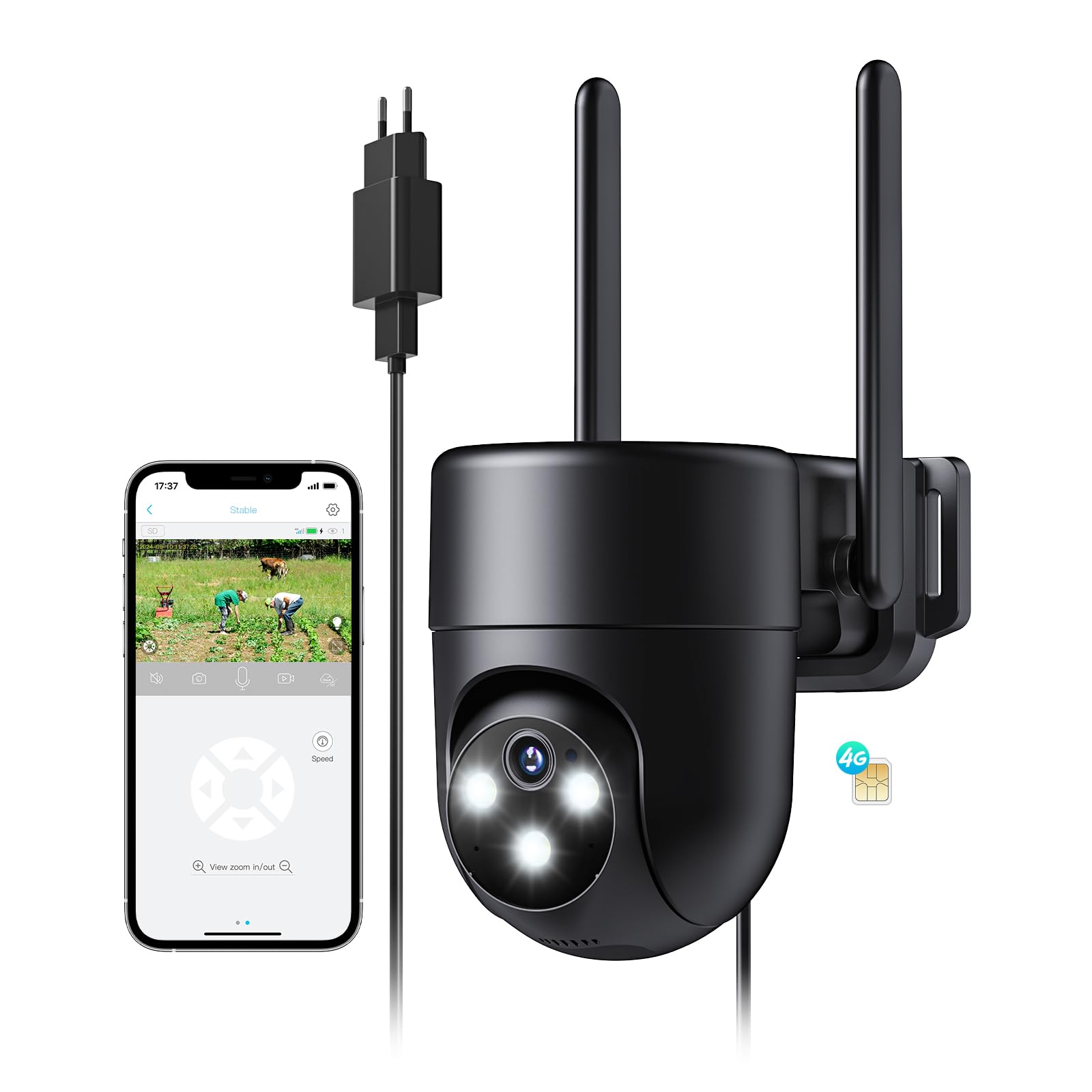 NUASI 4G LTE Cámara Vigilancia Exterior con Tarjeta SIM, 24/7 Cámara con SIM y Visión Nocturna en Color 2K, Detección Humana con IA, PTZ 360°, Audio Bidireccional Negro