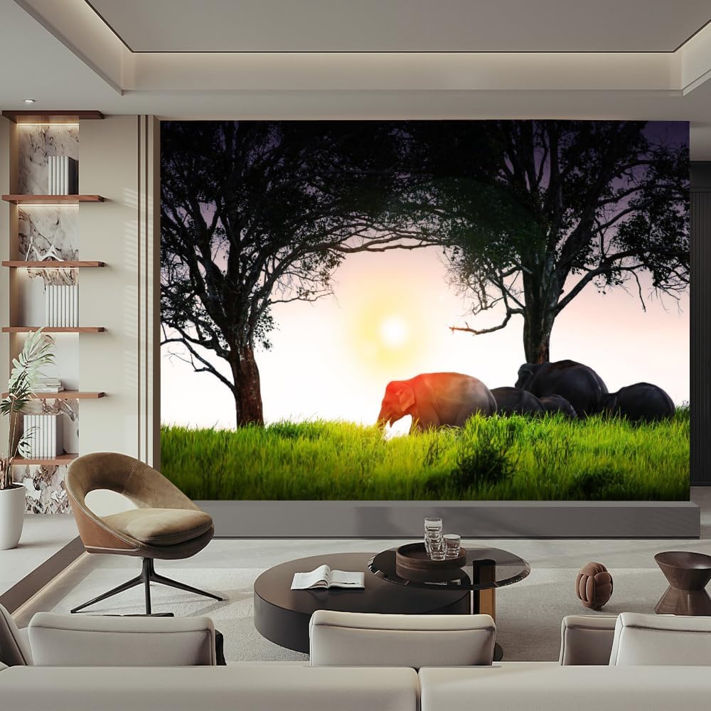 Trees Elephant Wallpapers Wall Murals, Sunshine Meadow 3D Print Peel and Stick Self-Adhesive Home Wall Decal for Boys Girls Bedroom Office Living Room Poster Sticker,48" W x36 H