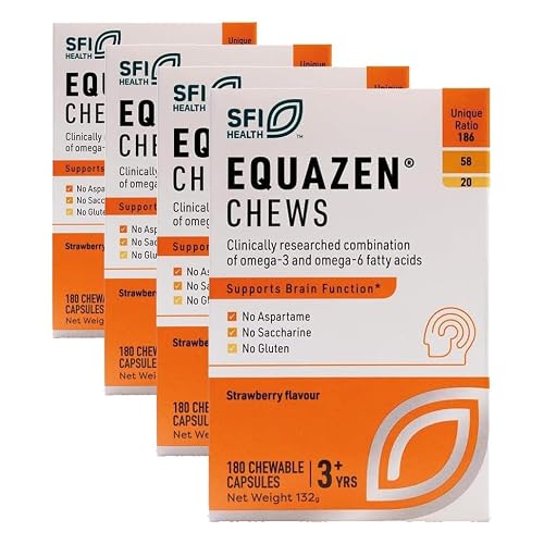 Image of Equazen® Omega 3 & 6 Chews for Kids, Brain & Cognitive Support, DHA, EPA & GLA, Clinically Researched 9:3:1 Formula, Strawberry Flavour, Halal Certified, Age 3+, 720 Pack