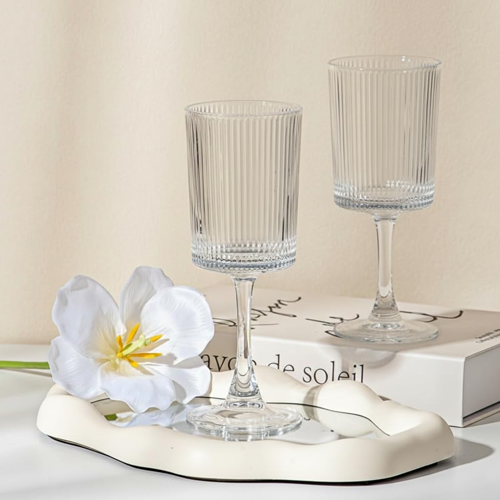 Avastro Vintage Goblet Red White Wine Champagne Flutes Stemware Set Nordic Ripple Ribbed Style Clear Bead Machine Pressed Heavy Glass 255ml Pack of 2