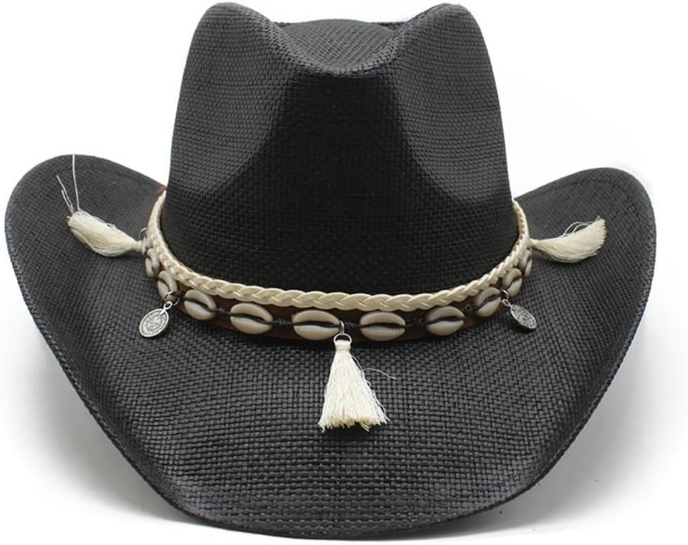 Western Cowboy Hat with Shell Band and Tassel, Straw Woven, Khaki Brown