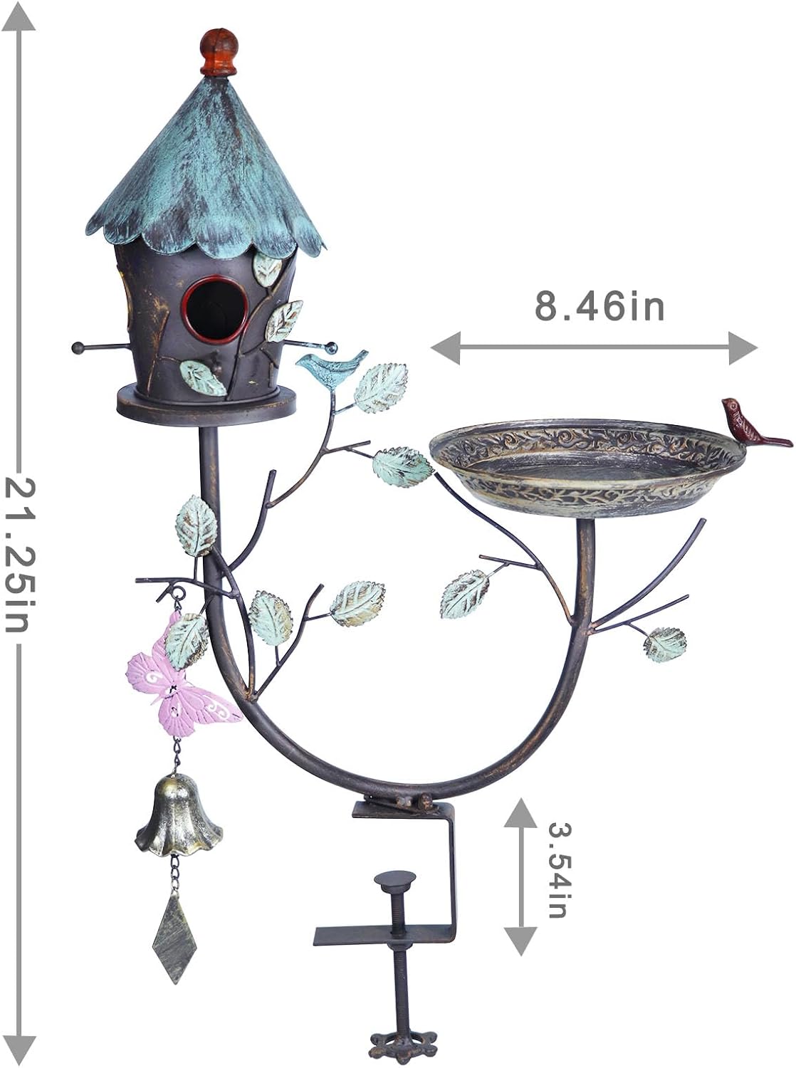HLQMFHT Deck Bird Bath, Metal Bird Bath and Bird Houses, Decorative Deck Mounted Bird Baths, Detachable and Adjustable Sturdy Deck Bird Bath for Outdoor Porch Yard Garden Decoration