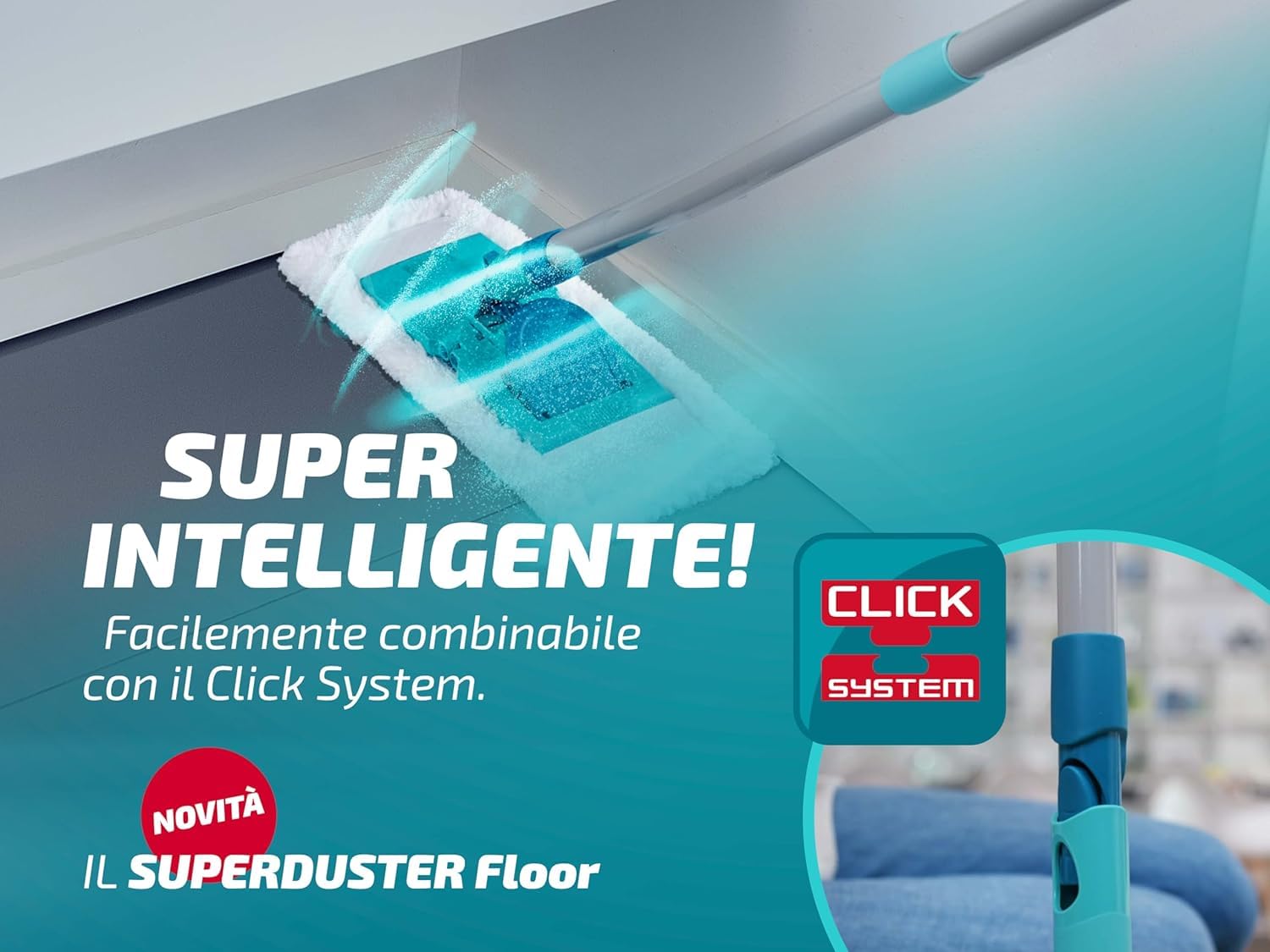 Leifheit Mop per la Polvere SUPERDUSTER Floor, 100% Microfibra | Lavabile fino a 100 volte a 40 °C, snodo 360°, larghezza 38 cm, manico 148 cm, compatibile con Click System e POWER CLEAN